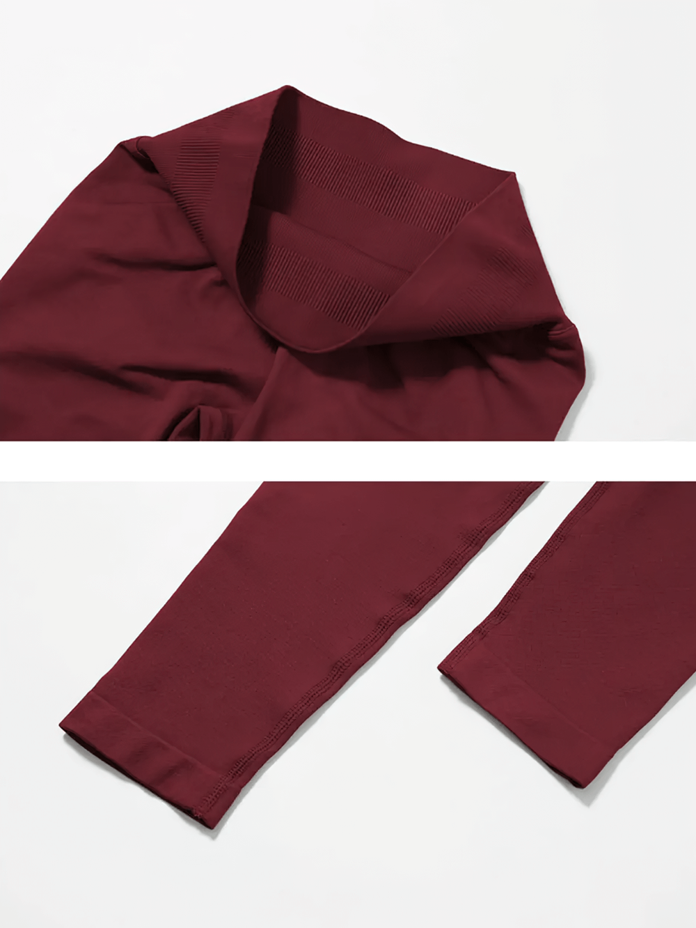Deep burgundy seamless full-length activewear set with sleeves and leggings, highlighting the sleek design and thumbholes. Perfect for workouts.