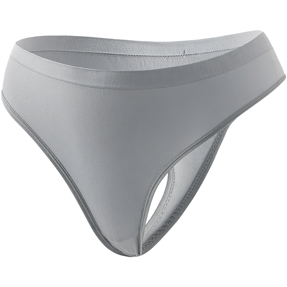 Seamless high-waist grey thong with soft, stretchable fabric for a smooth, invisible fit. Breathable and perfect for any occasion.