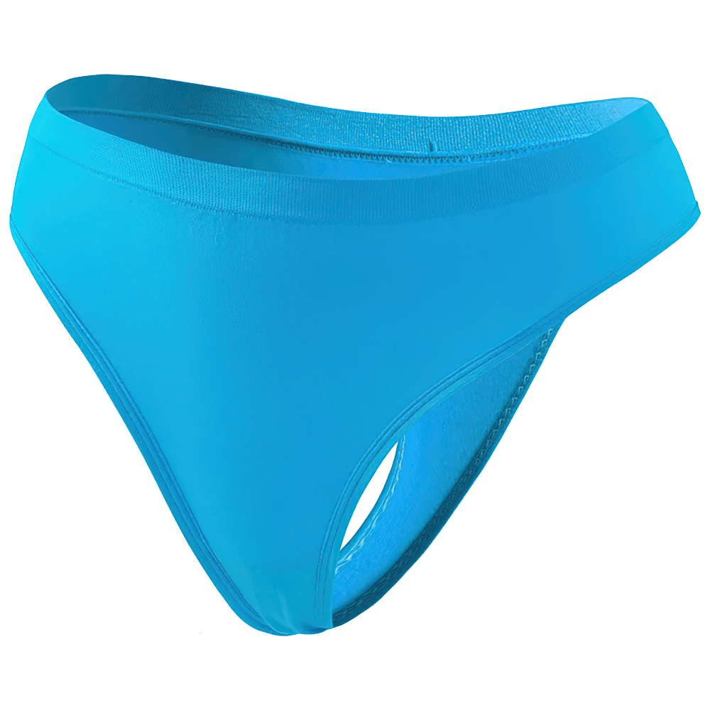 Seamless high-waist blue thong with stretchable fabric, offering a breathable and invisible fit under clothing. Perfect for all-day comfort.