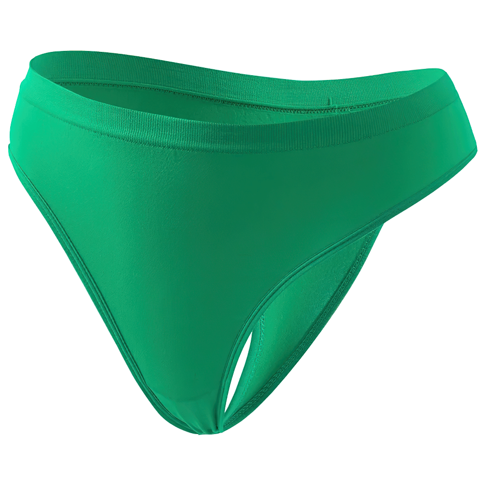 Seamless high-waist green thong with breathable, stretchable fabric for a smooth fit. Full coverage waistband offers comfort and confidence.