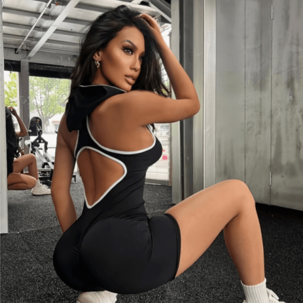 Seamless Hooded Backless Yoga Fitness Jumpsuit - SF4311 women’s open-back hooded romper, racerback contour fit training outfit