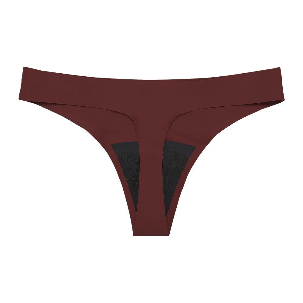 Seamless Laser Cut Thong in burgundy with moisture-wicking cotton waistline, designed for comfort and invisible lines.