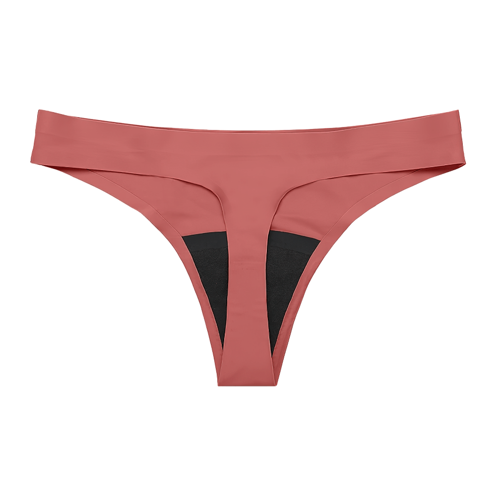 Seamless laser-cut thong in rose with moisture-wicking fabric and soft cotton waistline.