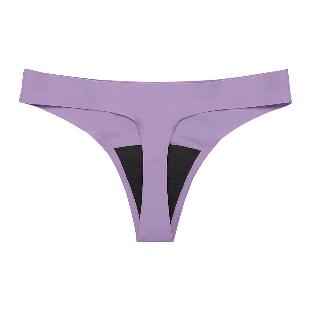 Purple seamless laser cut thong with moisture-wicking cotton waistline, designed for breathability and flexibility. SF2516.