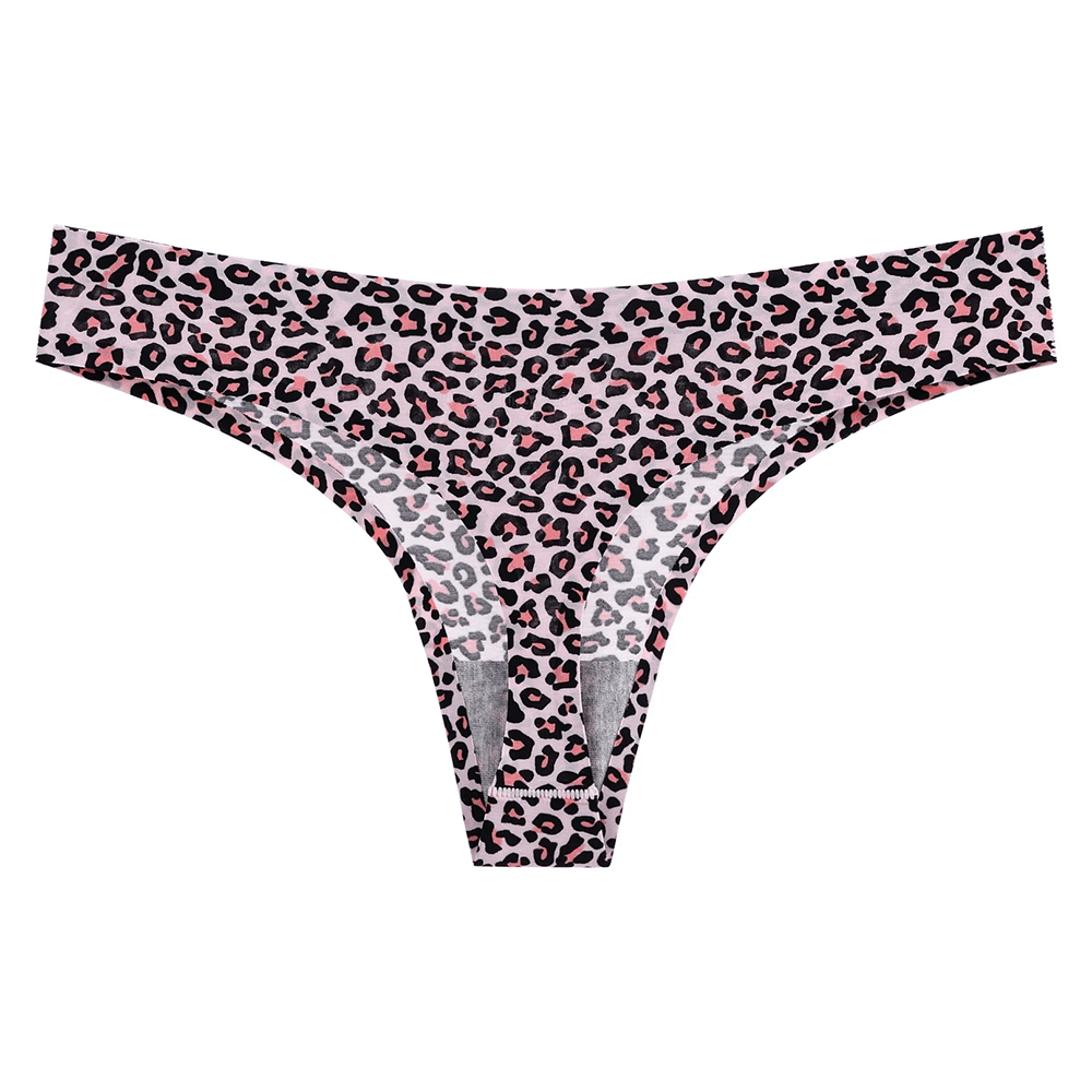 Seamless leopard print G-string thong for women, low waist and bold style, made from polyester and spandex for a sleek fit.