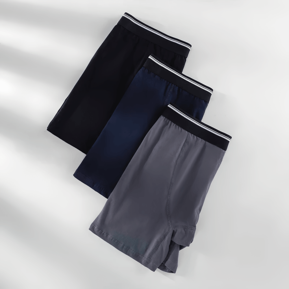 Seamless Men's Long Leg Boxer Briefs in Cotton - SF4706 in navy, gray, and black displayed together.