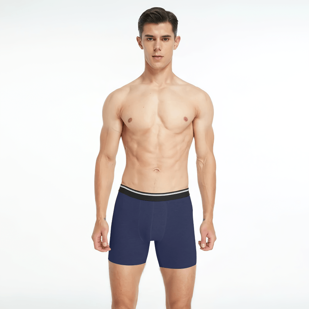 Seamless Men's Long Leg Boxer Briefs in Cotton - SF4706 on a model in navy color