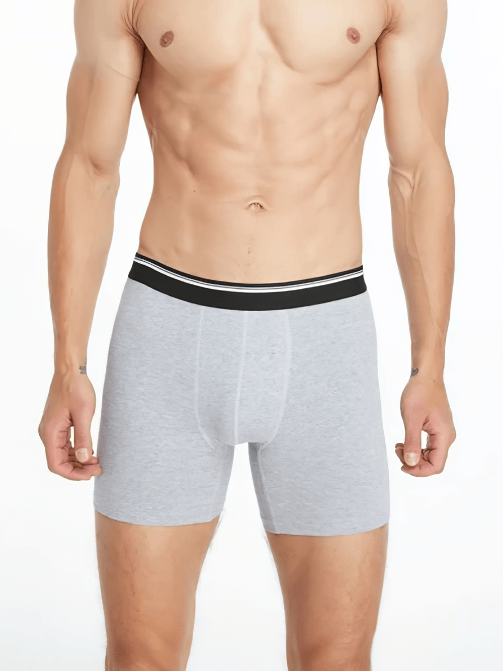 Seamless Men's Long Leg Boxer Briefs in Cotton - SF4706 in gray color on a model, featuring a clean elastic waistband.