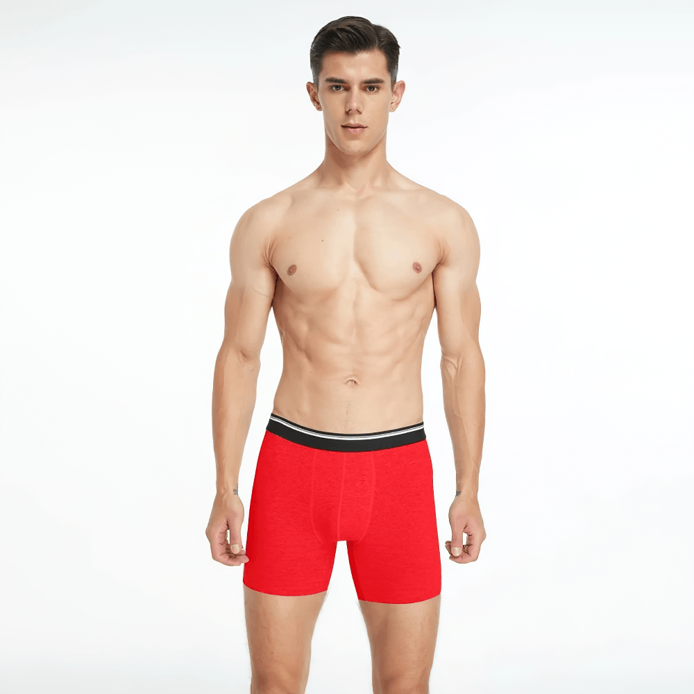 Seamless Men's Long Leg Boxer Briefs in Cotton - SF4706 displayed on a model in red.