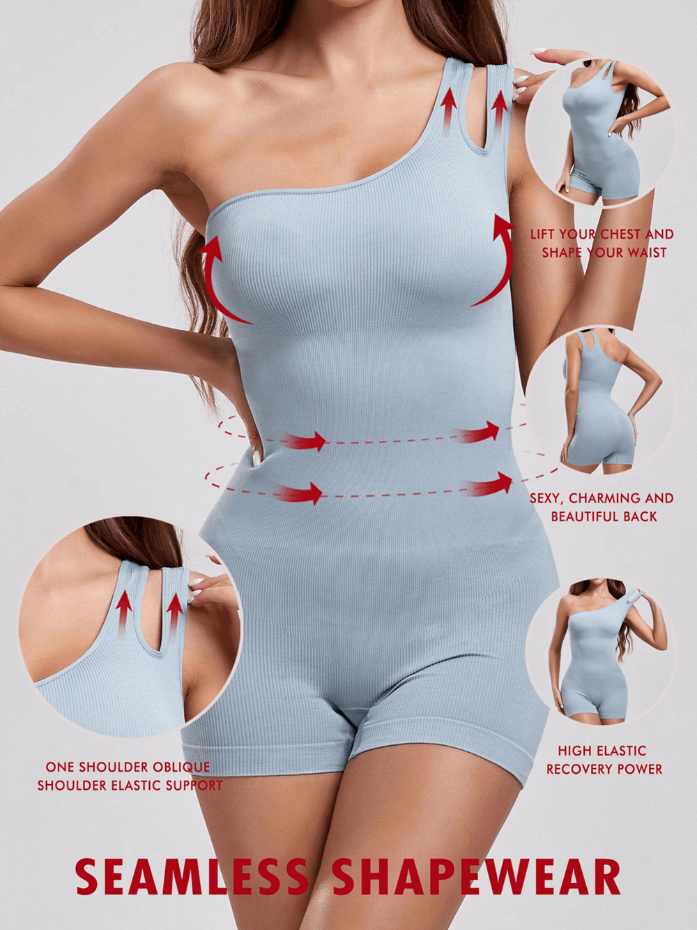 Alt Tag: Seamless One Shoulder Shapewear Romper Bodysuit - SF4309 in light blue, seamless sculpting romper bodysuit with single strap, waist shaping