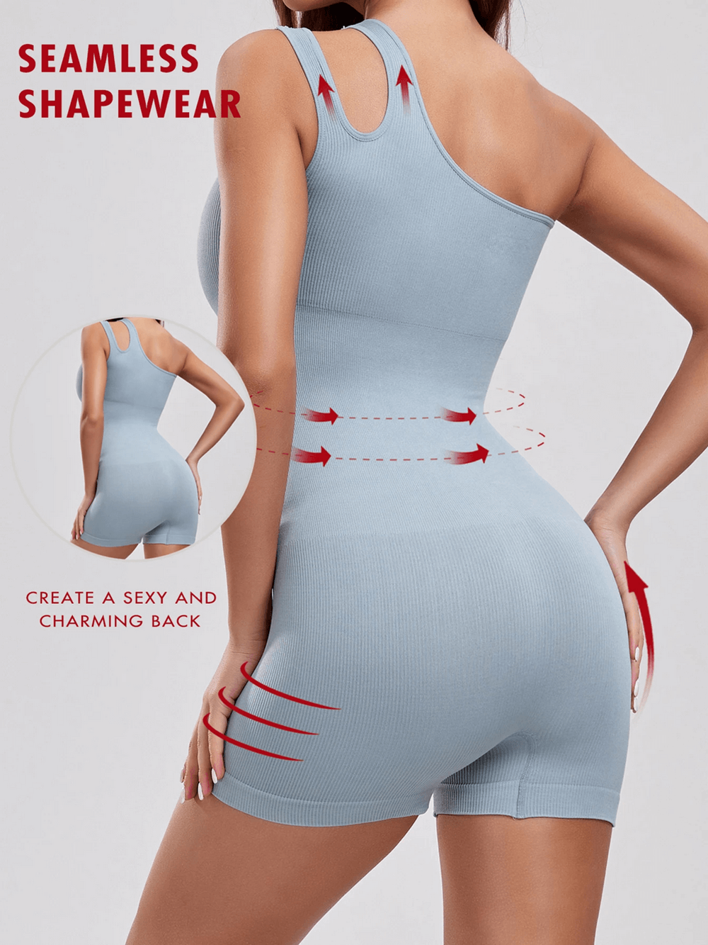 Seamless One Shoulder Shapewear Romper Bodysuit - SF4309 in light blue, seamless sculpting romper bodysuit for waist smoothing, hip shaping