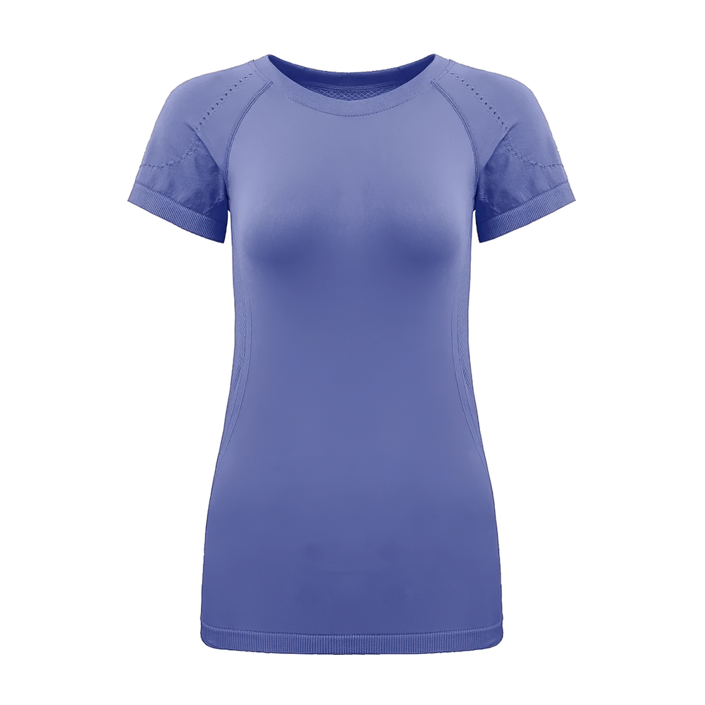 Alt Tag: Seamless Quick Dry Yoga T-Shirt for Women's - SF4429 purple seamless short-sleeve top with breathable mesh panels, quick-dry stretch fit