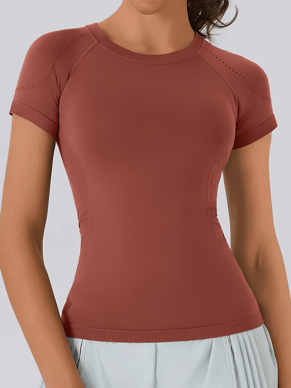 Alt Tag: Seamless Quick Dry Yoga T-Shirt for Women's - SF4429 breathable mesh seamless short-sleeve quick-dry active top, rust color