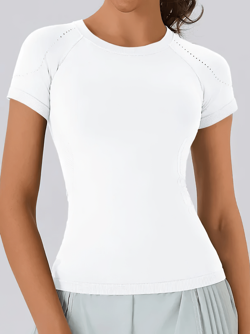 Alt Tag: Seamless Quick Dry Yoga T-Shirt for Women's - SF4429 white seamless short sleeve top with breathable mesh panels, quick-dry stretch fit