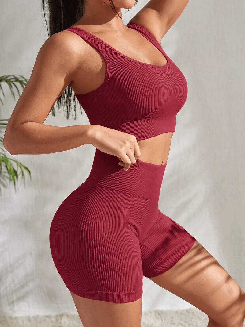 Seamless ribbed yoga crop top and high waist shorts set in red, showcasing breathable and quick-dry fabric for women, SF1759.