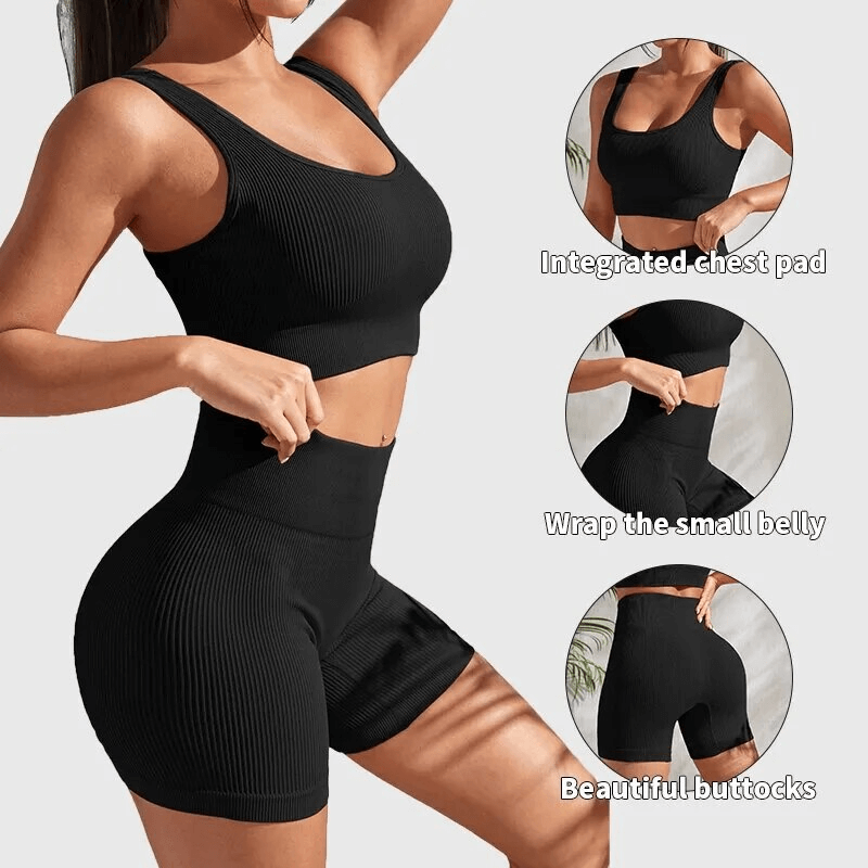 Female wearing seamless ribbed yoga crop top and high waist shorts, showcasing integrated chest pad, belly wrap, and shape enhancement features.