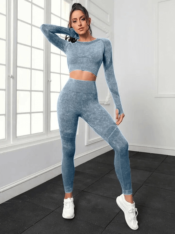 Eco-friendly seamless high waist blue pants and long sleeved top for yoga, featuring quick dry and anti-wrinkle technology.