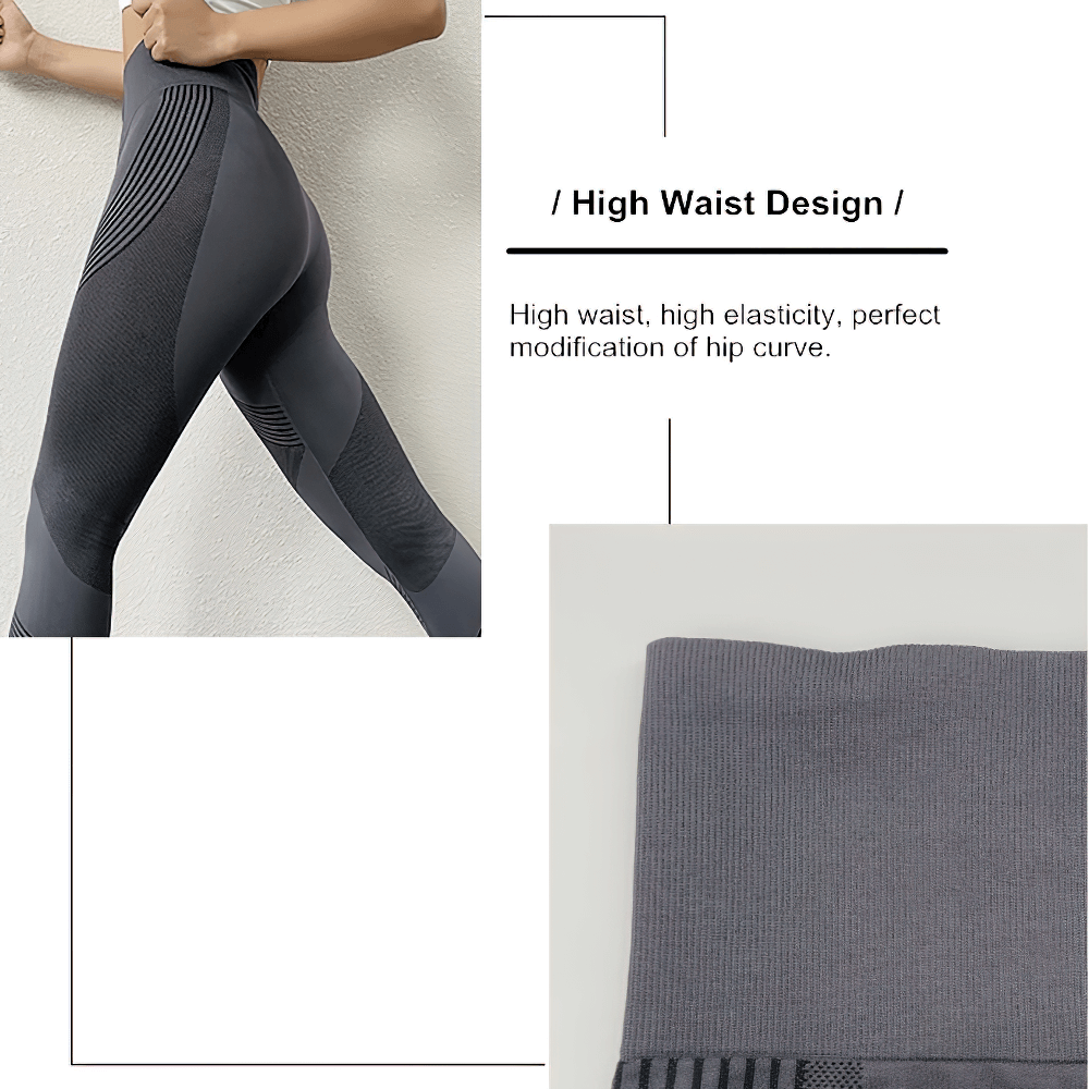 High waist seamless workout leggings with slim stripes and elastic design for women. Perfect for yoga, fitness, and running.