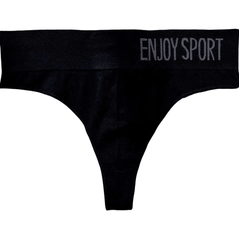 Seamless Sport Thong Panties with Wide Waistband - SF4665 in black with 'ENJOY SPORT' waistband.