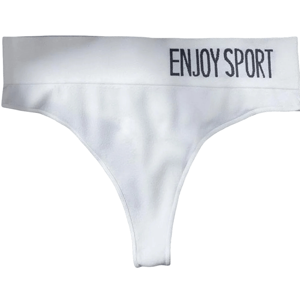 Seamless Sport Thong Panties with Wide Waistband - SF4665 in white with Enjoy Sport waistband.