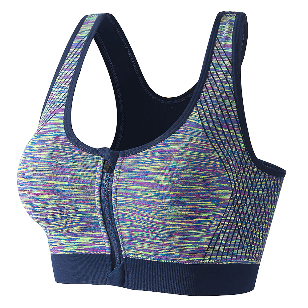 Seamless Women's Zip-Front Racerback Sports Bra - SF4082 in vibrant multi-colored design with zip for easy wear and racerback for support