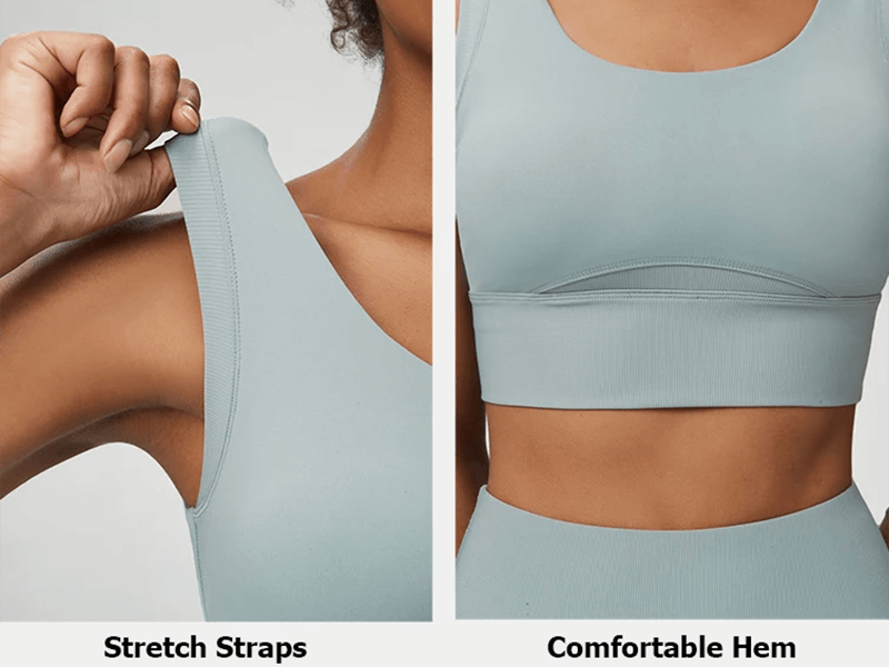 Seamless yoga gear showcasing stretch straps and comfortable hem on a stylish light blue sports bra from 2-piece set. Ideal for active women.