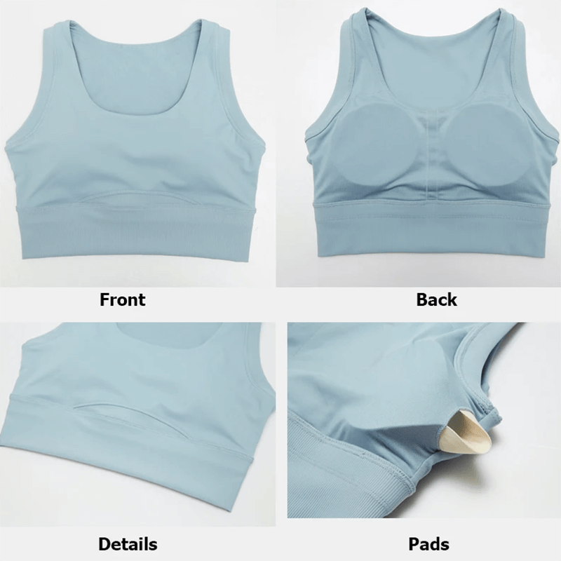 Front and back view of serene blue seamless sports bra with detail and pad features for the SF2086 Yoga Gear Set.