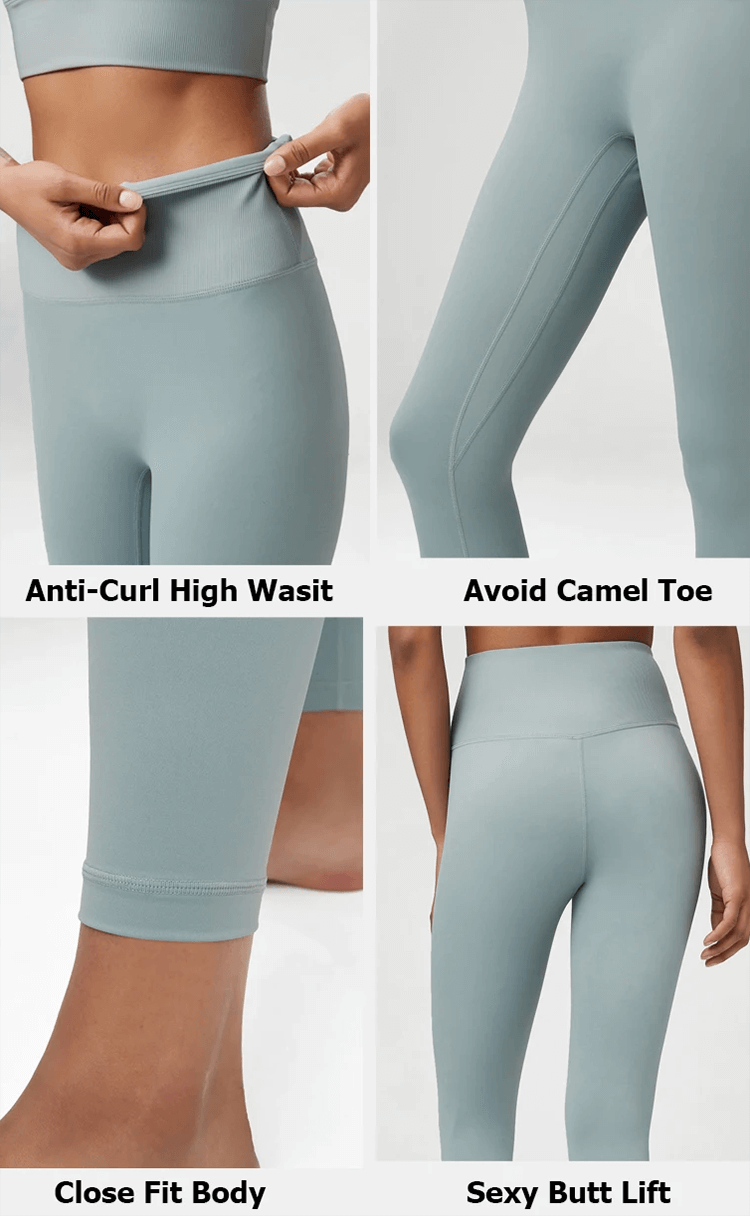 Seamless Yoga Gear Set showcasing features: anti-curl high waist, camel toe prevention, close fit, and butt lift for active women.