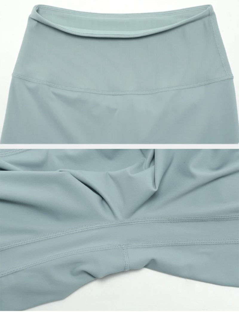 Close-up of seamless yoga leggings in serene blue, highlighting the smooth fabric and details of the activewear set SF2086.