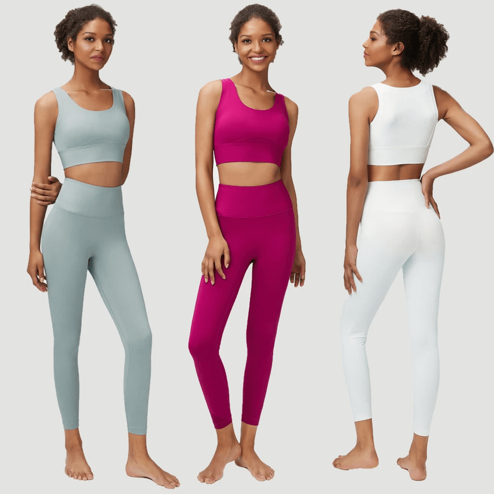 Seamless Yoga Gear Set SF2086 in serene blue, vivid pink, and pristine white. Ideal 2-piece activewear for women, fitness, and style.