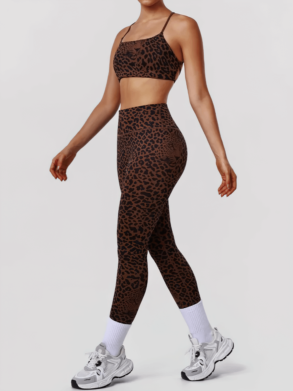 Alt Tag: Seamless Yoga Set with Strappy Bra and Leggings - SF4340 leopard print strappy bra and high-waist seamless leggings