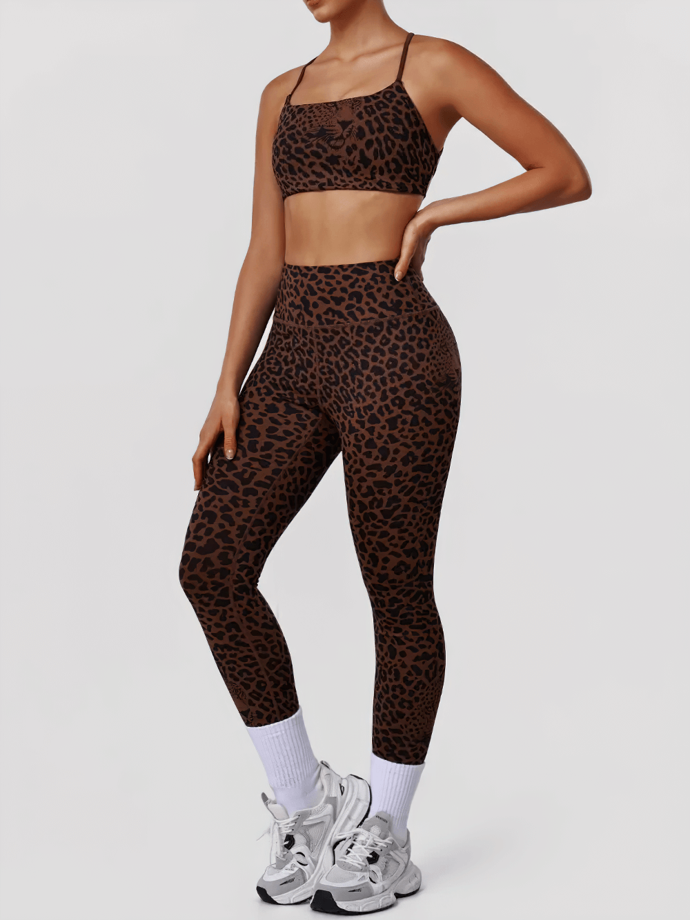 Alt Tag: Seamless Yoga Set with Strappy Bra and Leggings - SF4340 leopard print seamless sports bra and high-waist leggings set