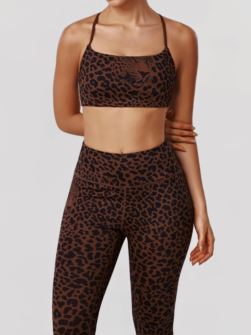 Alt Tag: Seamless Yoga Set with Strappy Bra and Leggings - SF4340 leopard print seamless strappy sports bra and high-waist leggings