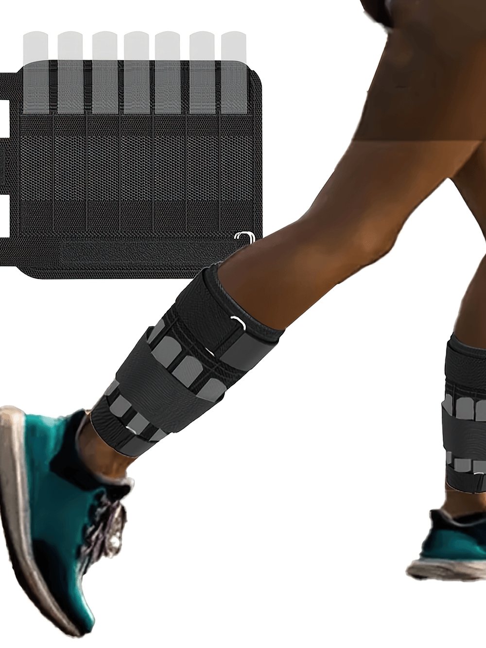 Person running with Secure Adjustable 5kg Ankle Weights Set SF2920, shown with breathable mesh and double-ring closure.