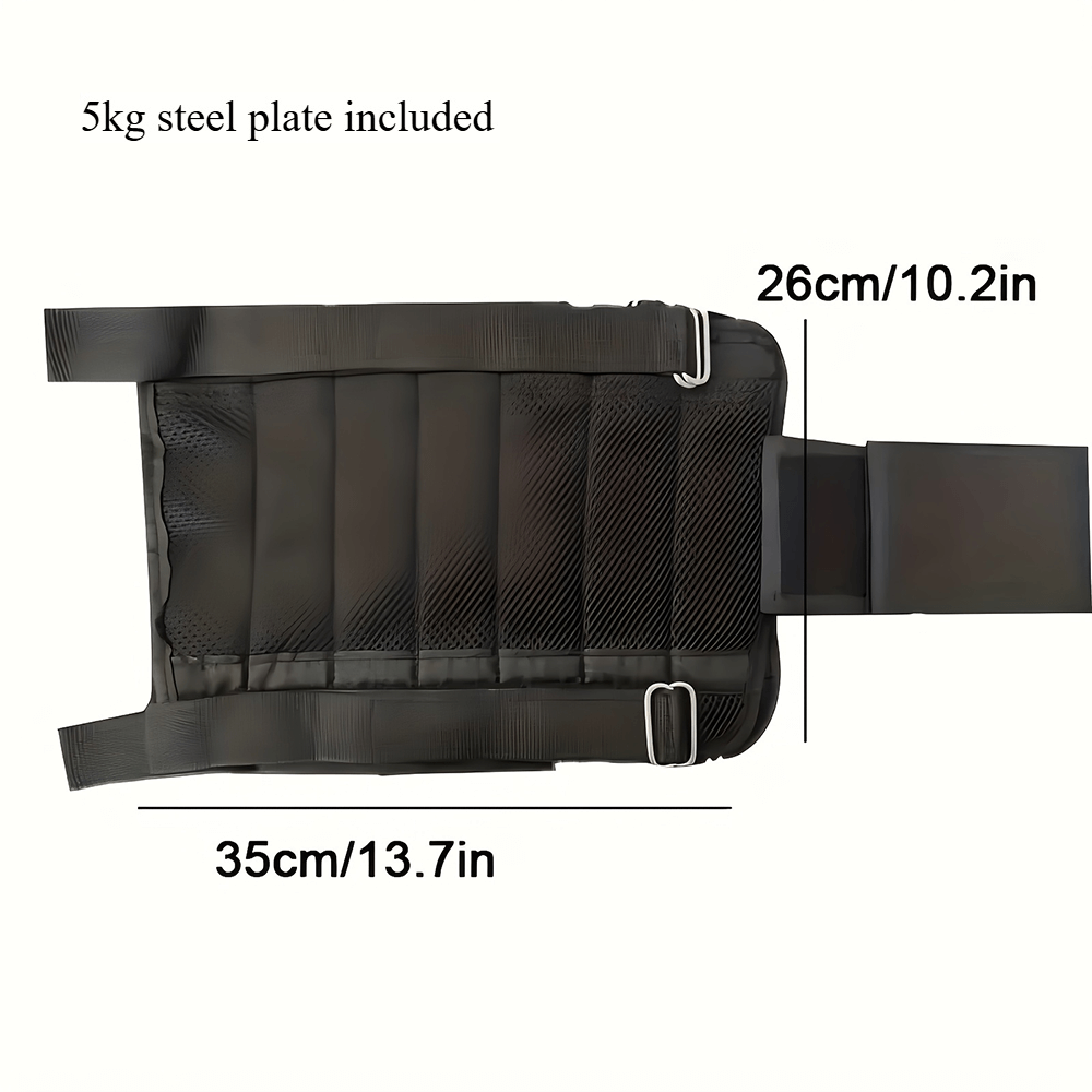 Adjustable 5kg ankle weight sleeve for enhanced workouts with dimensions and steel plate, showing secure double-ring closure.