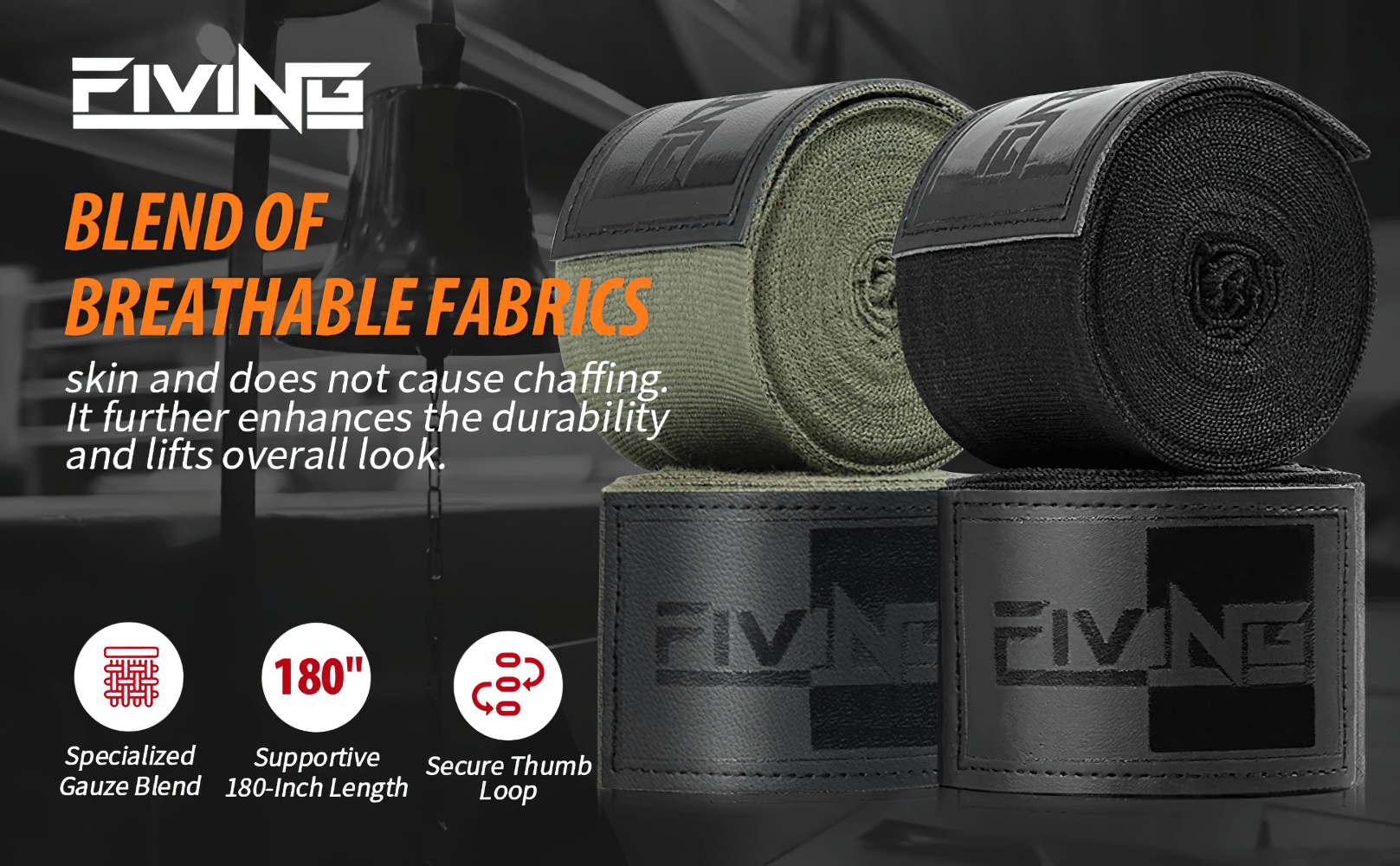 Elastic hand wraps with 180-inch length, featuring breathable fabric, thumb loop, and hook-and-loop closure for martial arts support.