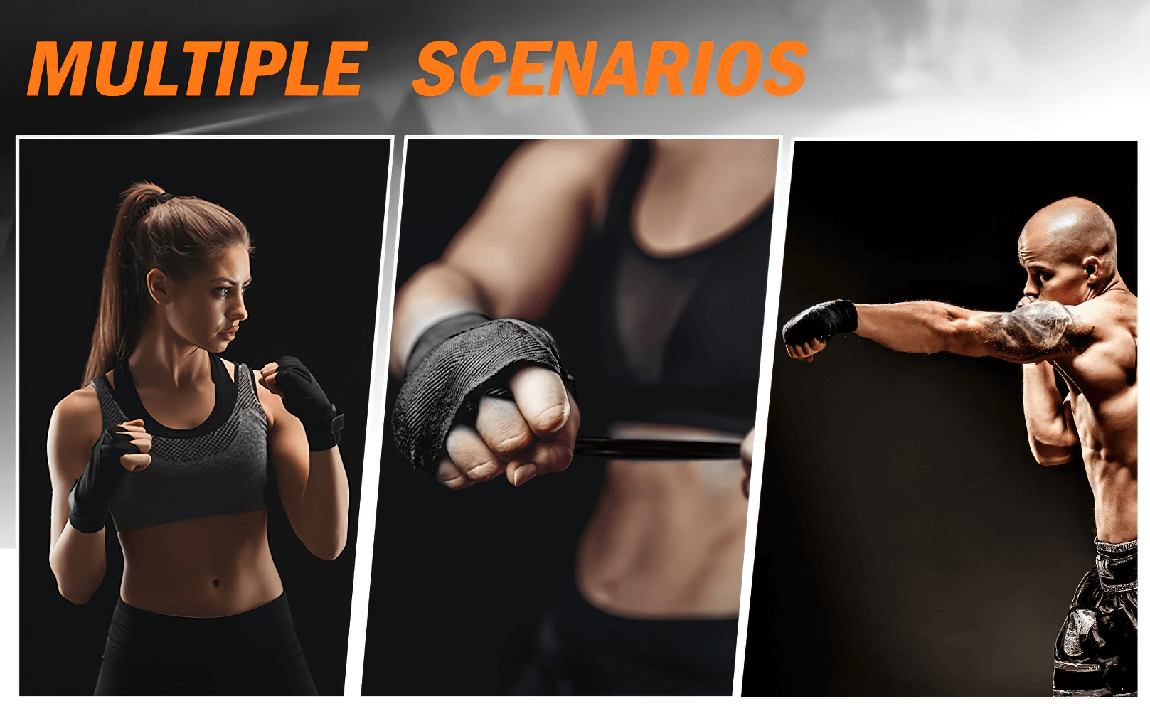 Boxers using elastic hand wraps for training in various martial arts scenarios.