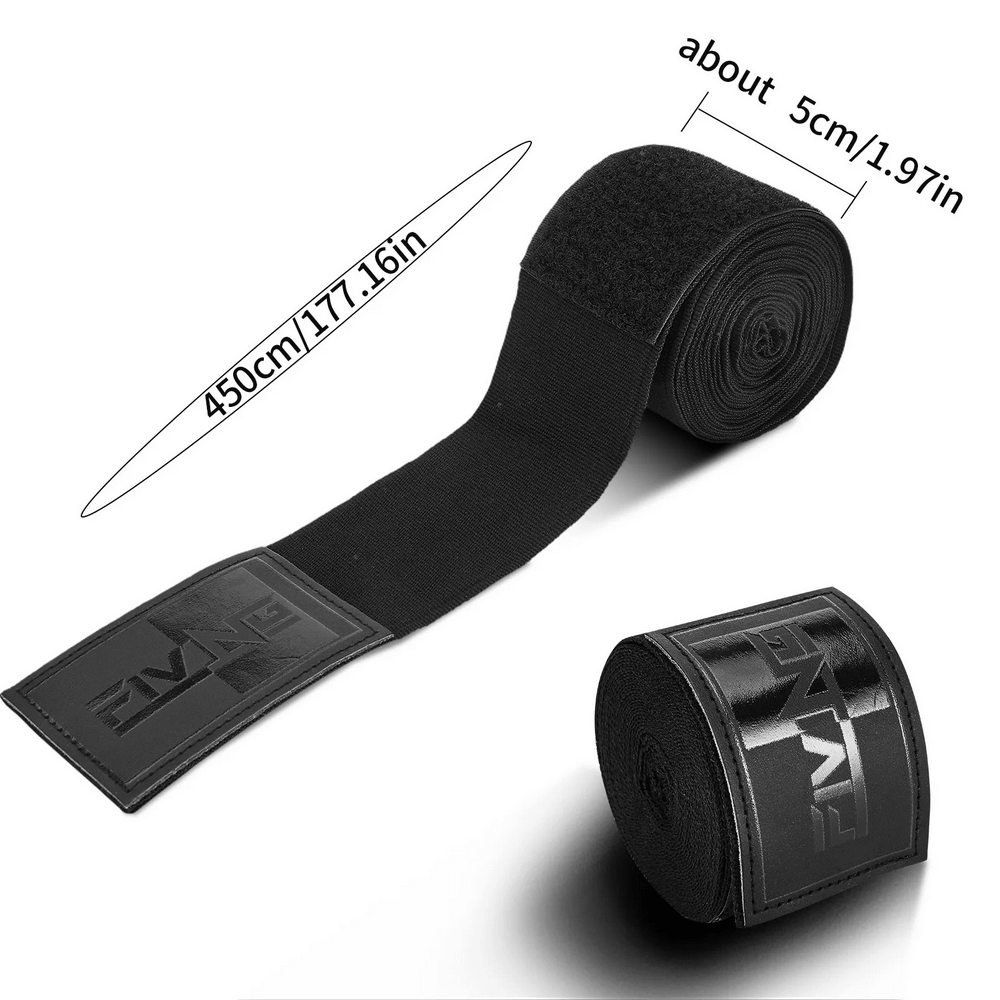 Black elastic hand wraps for boxing and MMA with thumb loop, 450cm length, providing wrist support and full hand protection.