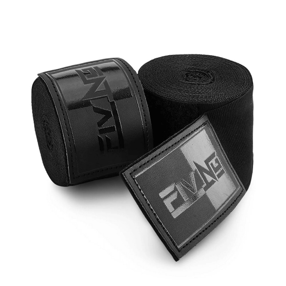Alt Tag: Secure black elastic hand wraps for boxing and MMA, featuring thumb loop and hook-and-loop closure for stable wrist support, SF3085.
