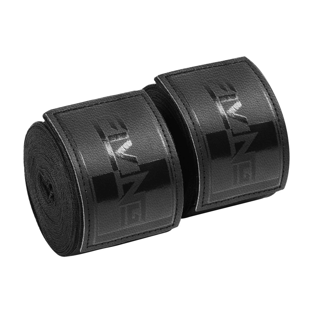 Black secure elastic hand wraps for boxing and MMA, 4.5m with thumb loop, providing wrist and knuckle support during martial arts training.