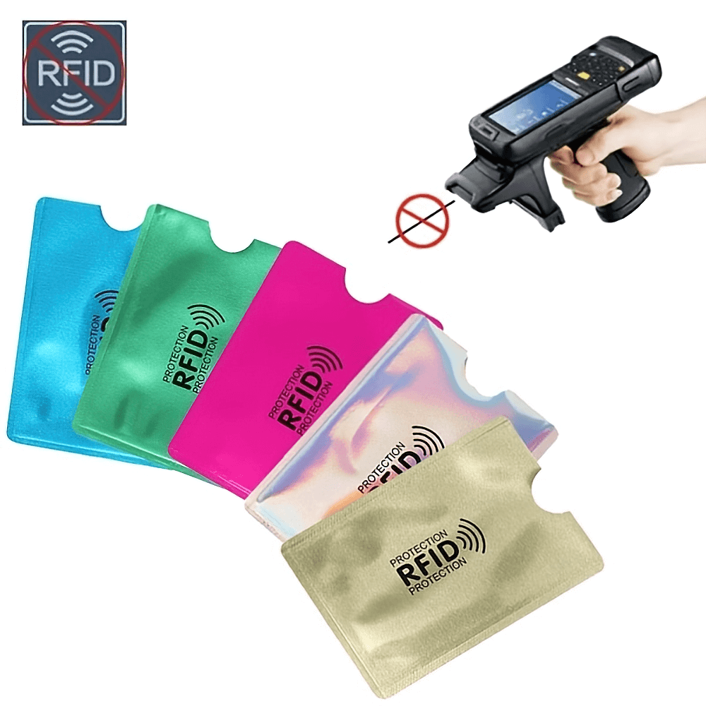 Colorful RFID blocking sleeves fending off scanning device, showcasing ultrathin and secure card protection.