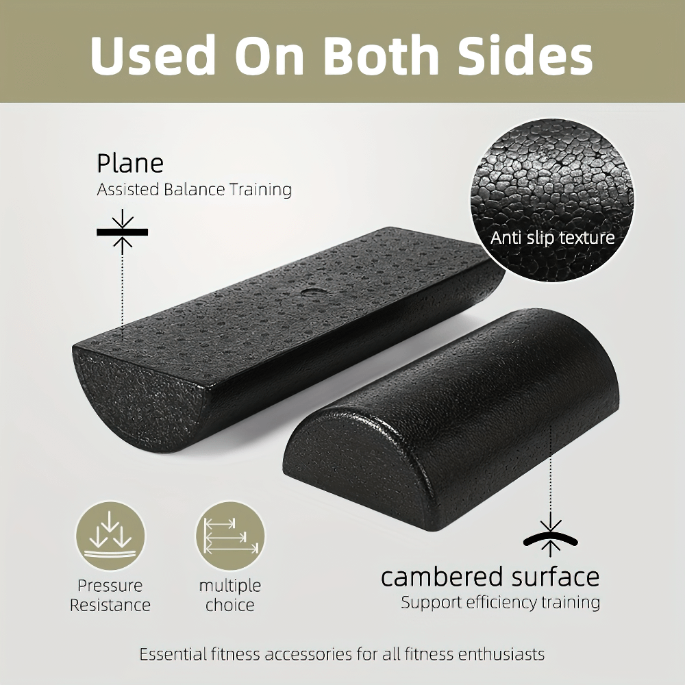 Semi-round EPP Foam Roller for Pilates and Stretching, black with anti-slip texture, used for balance training and muscle recovery.