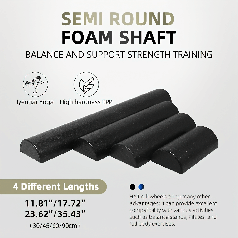 Semi-round foam roller set for yoga and Pilates, available in four lengths, promotes balance and strength with durable EPP material.