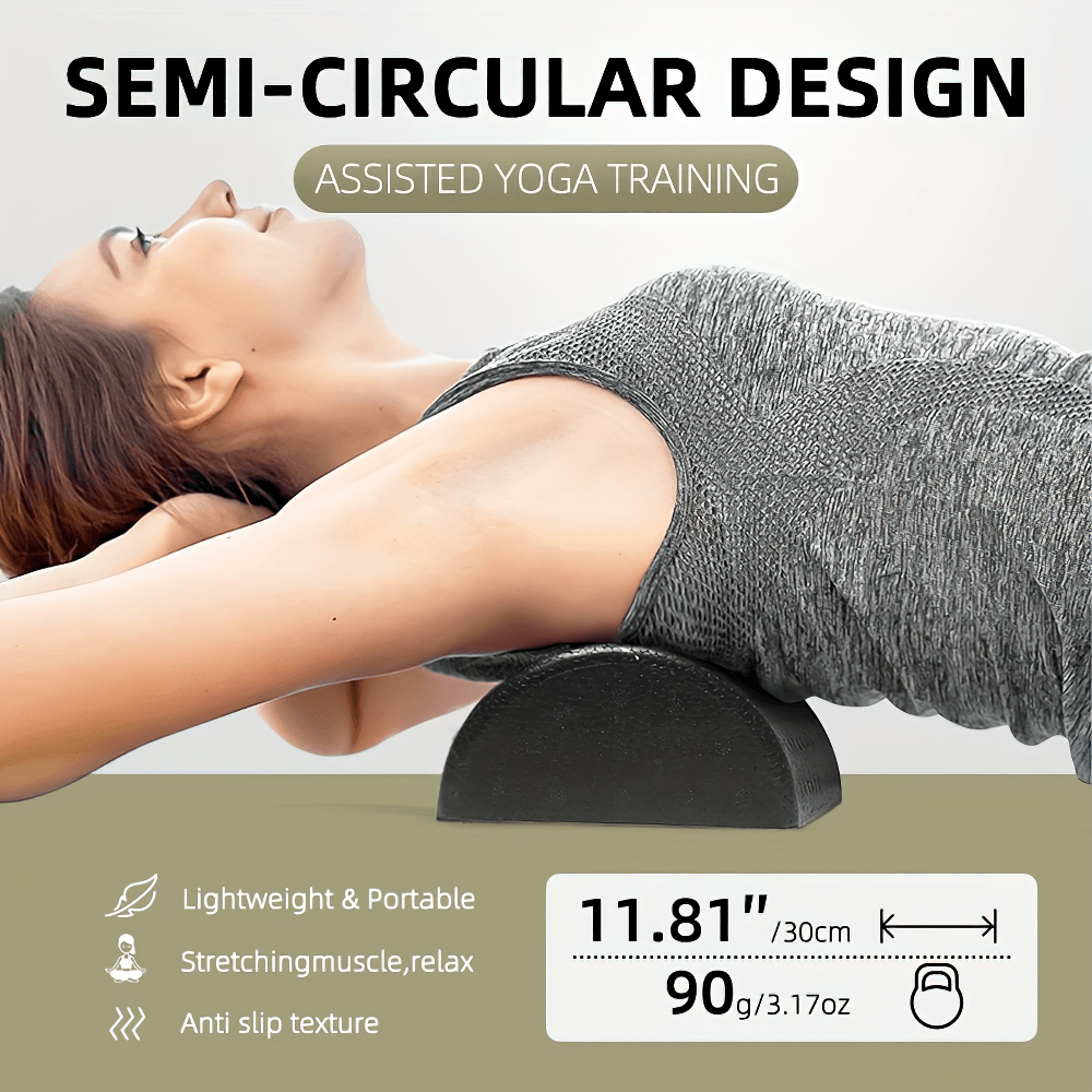 Woman using semi-circular foam roller for yoga stretching, lightweight and portable design. Ideal for relaxing and muscle support.