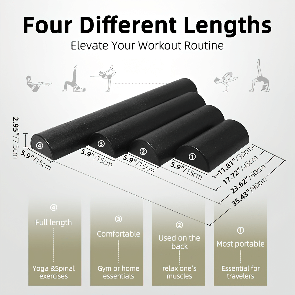 Semi-round foam rollers in four different lengths for versatile fitness routines, including yoga, Pilates, and physical therapy.