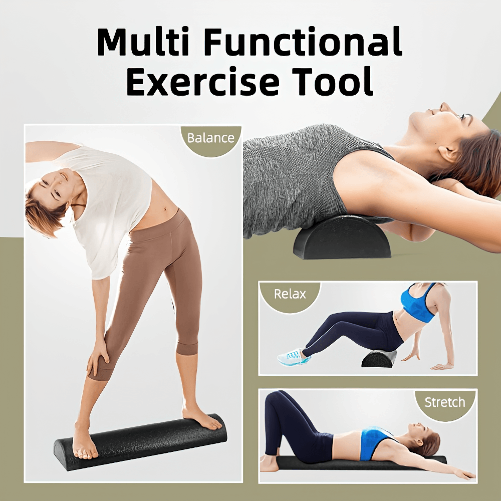 Multifunctional exercise tool with individuals demonstrating balance, relaxation, and stretch poses on a half foam roller.