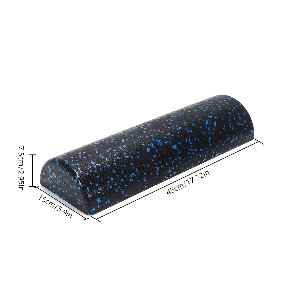 Semi-round foam roller for Pilates and stretching, black with blue speckles, 45cm length, ideal for balance and muscle recovery.