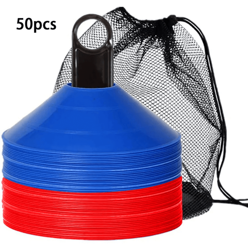Set of 50 red and blue agility cones with black carry bag for sports drills and training.
