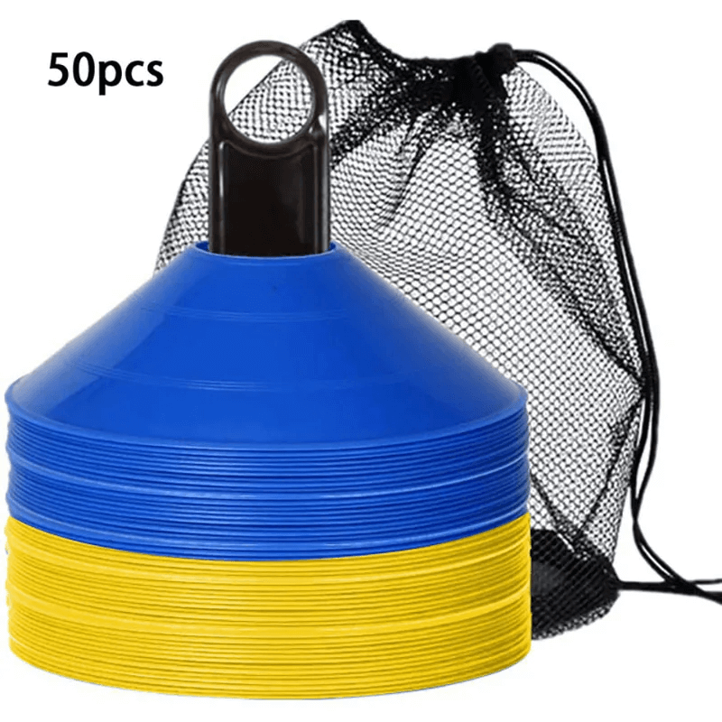 Set of 50 yellow and blue agility cones with carry bag for sports drills, perfect for football and soccer training.