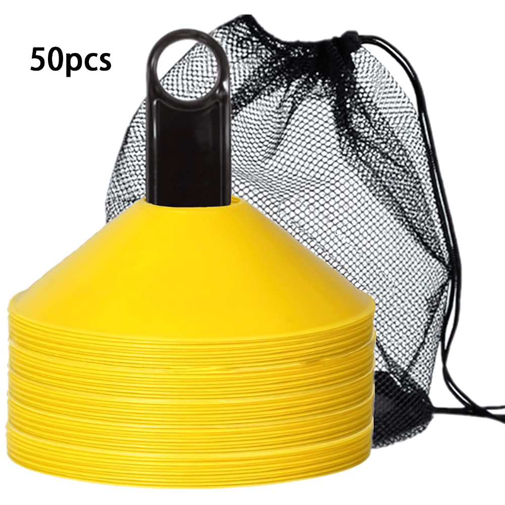 Yellow agility cones set with carry bag for sports drills, ideal for football, 50 pieces, durable and portable, model SF3218.